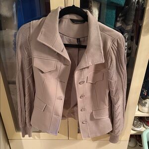 White House Black Market Taupe Bomber Jacket with Knit Sleeves